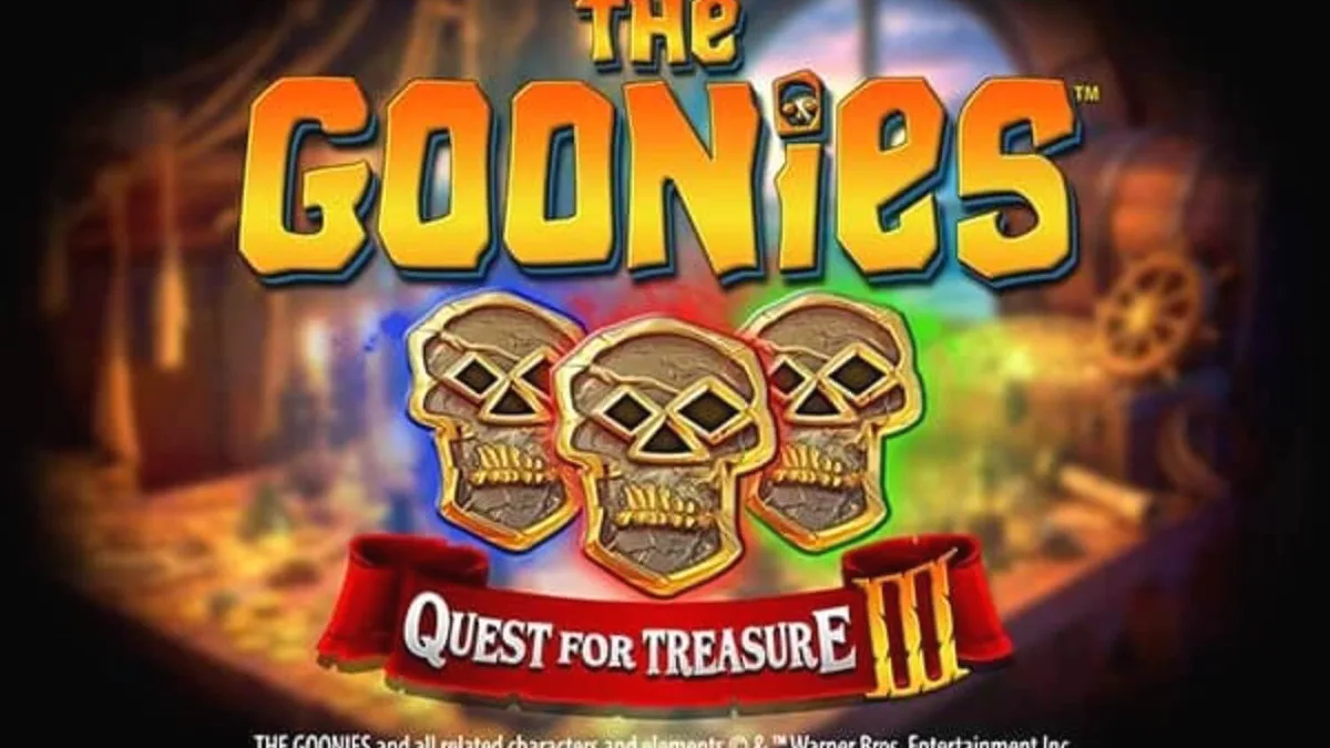 The Goonies Quest for Treasure 3 slot game interface showing treasure map and characters