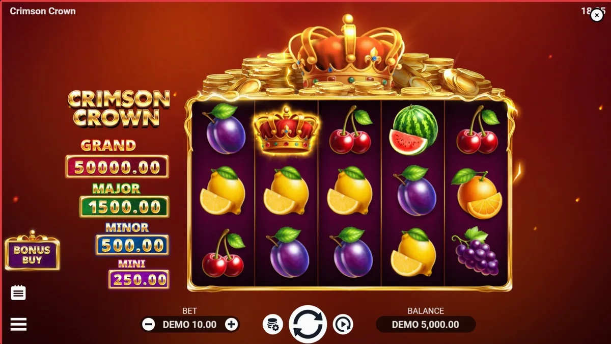 Tampilan game slot Crimson Crown dengan simbol buah klasik, mahkota mewah, dan koin emas.