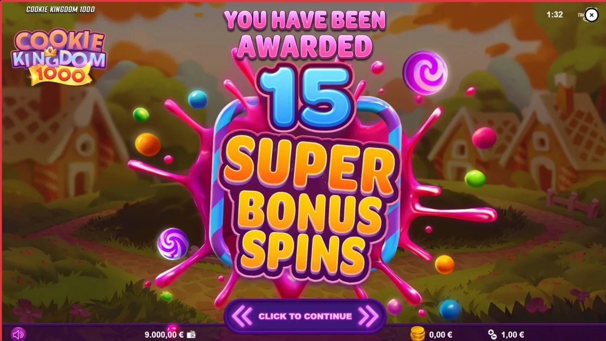 Tampilan visual permainan slot Cookie Kingdom 1000 dengan tema permen dan karakter beruang koki.